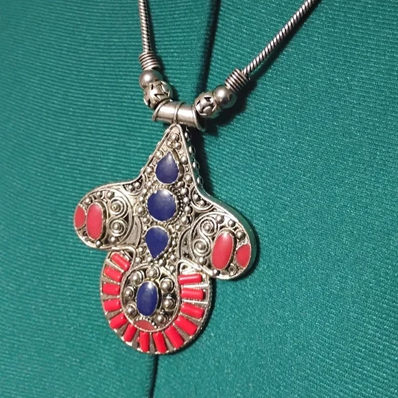 Silver Pendant Necklace with Blue & Coral Red Accents NEW - Picture 3 of 14